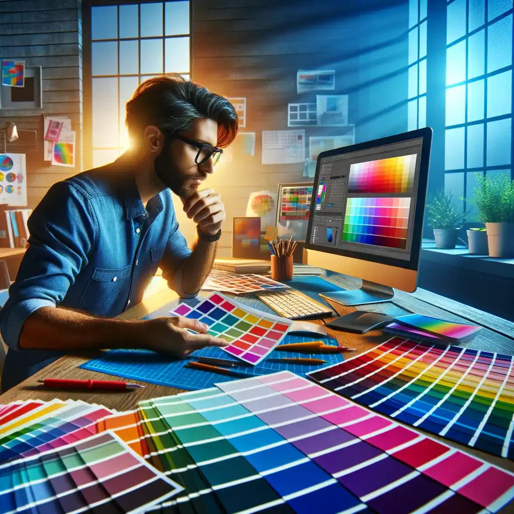 An image of a man working with color samples for selection, depicting a graphic designer at work. The scene shows him examining a variety of color